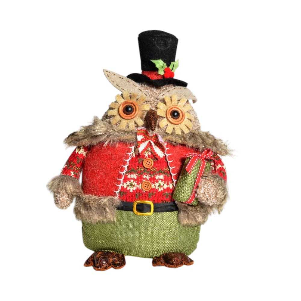 BUHO DE PIE CON GORRO REGALO EN MANO ROJO/VERDE