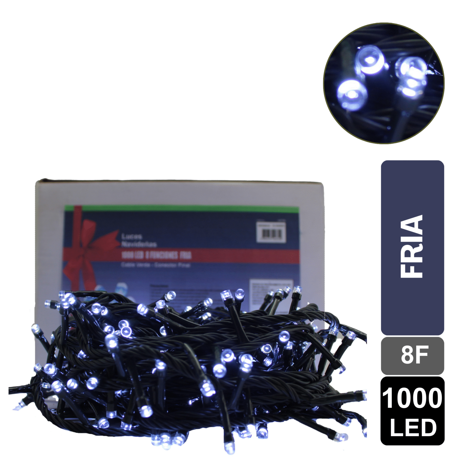 LUZ NAVIDEÑA FRIA X 1000 LED 8 FUNCIONES CABLE VERDE