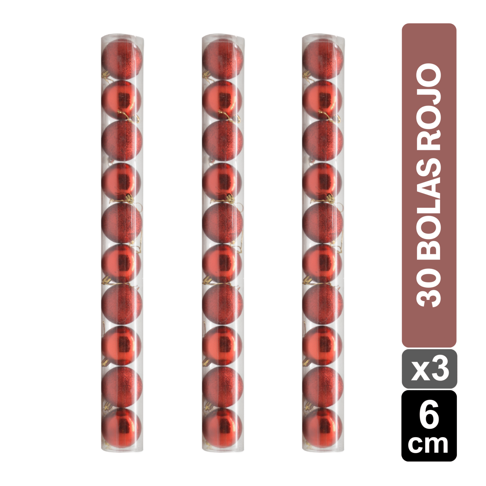 TUBOS BOLAS X30 ROJO BRILLANTE/ESCARCHADO 6 CM