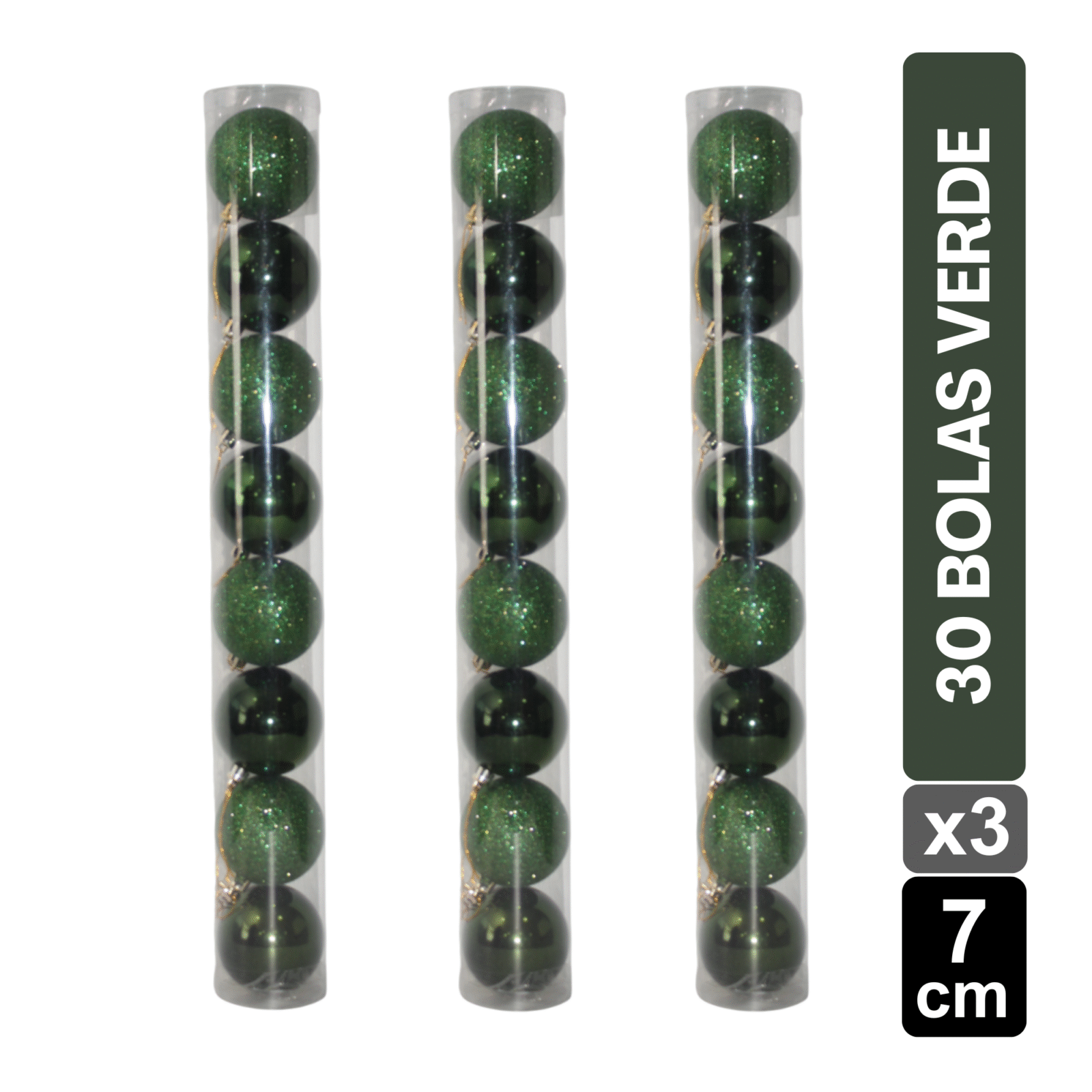 TUBOS BOLAS NAVIDEÑAS X30 VERDE ESMERALDA BRILLANTE/ESCARCHADO 7 CM