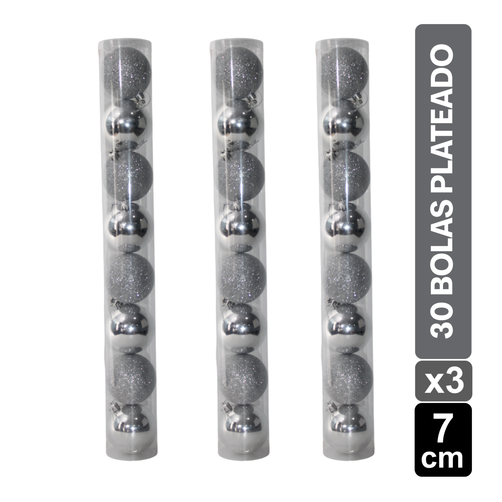 TUBOS BOLAS NAVIDEÑAS X30 PLATEADO BRILLANTE/ESCARCHADO 7 CM