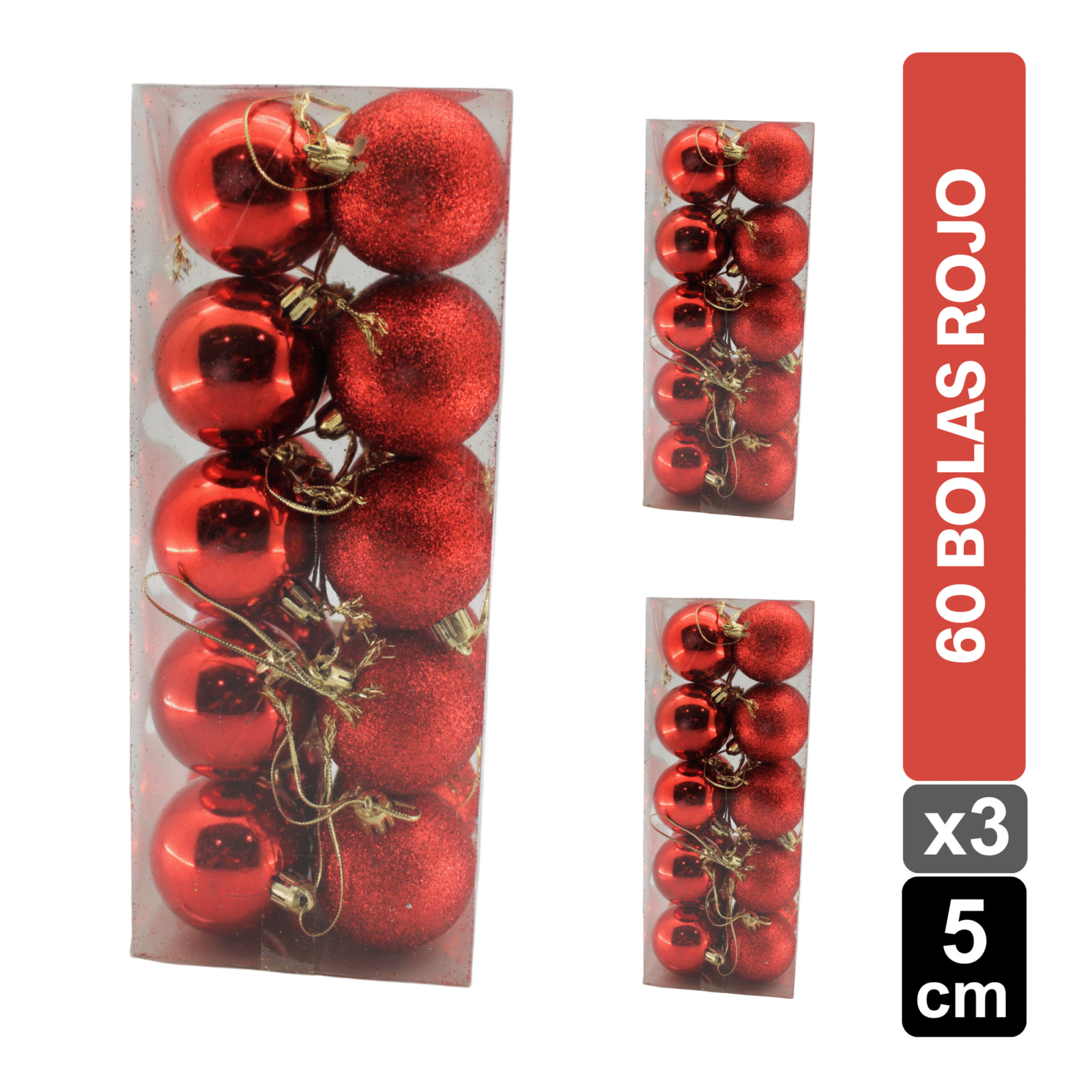 CAJAS BOLAS NAVIDEÑAS X60 ROJO BRILLANTE/ESCARCHADO 5 CM