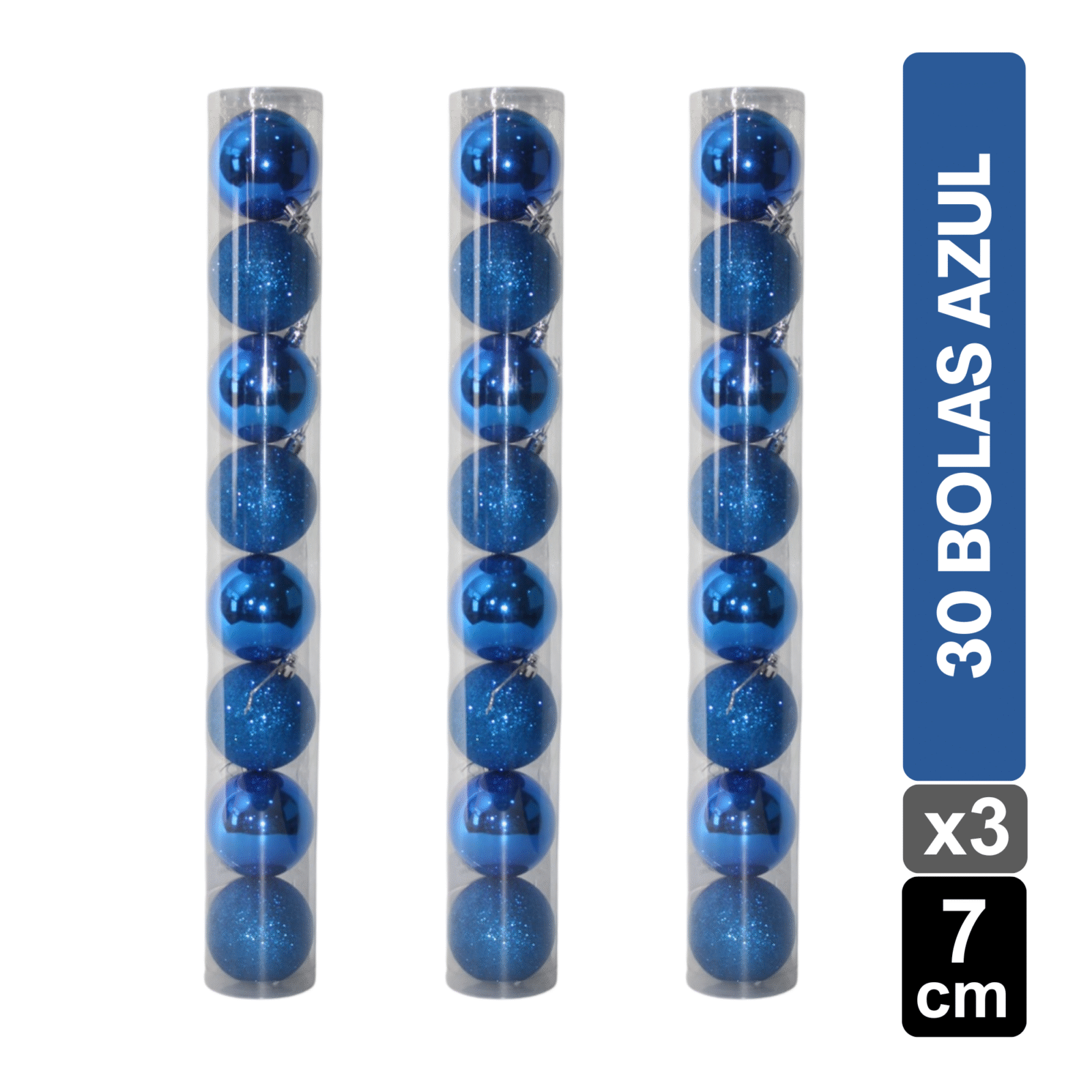 TUBOS BOLAS NAVIDEÑAS X30 AZUL BRILLANTE/ESCARCHADO 7 CM