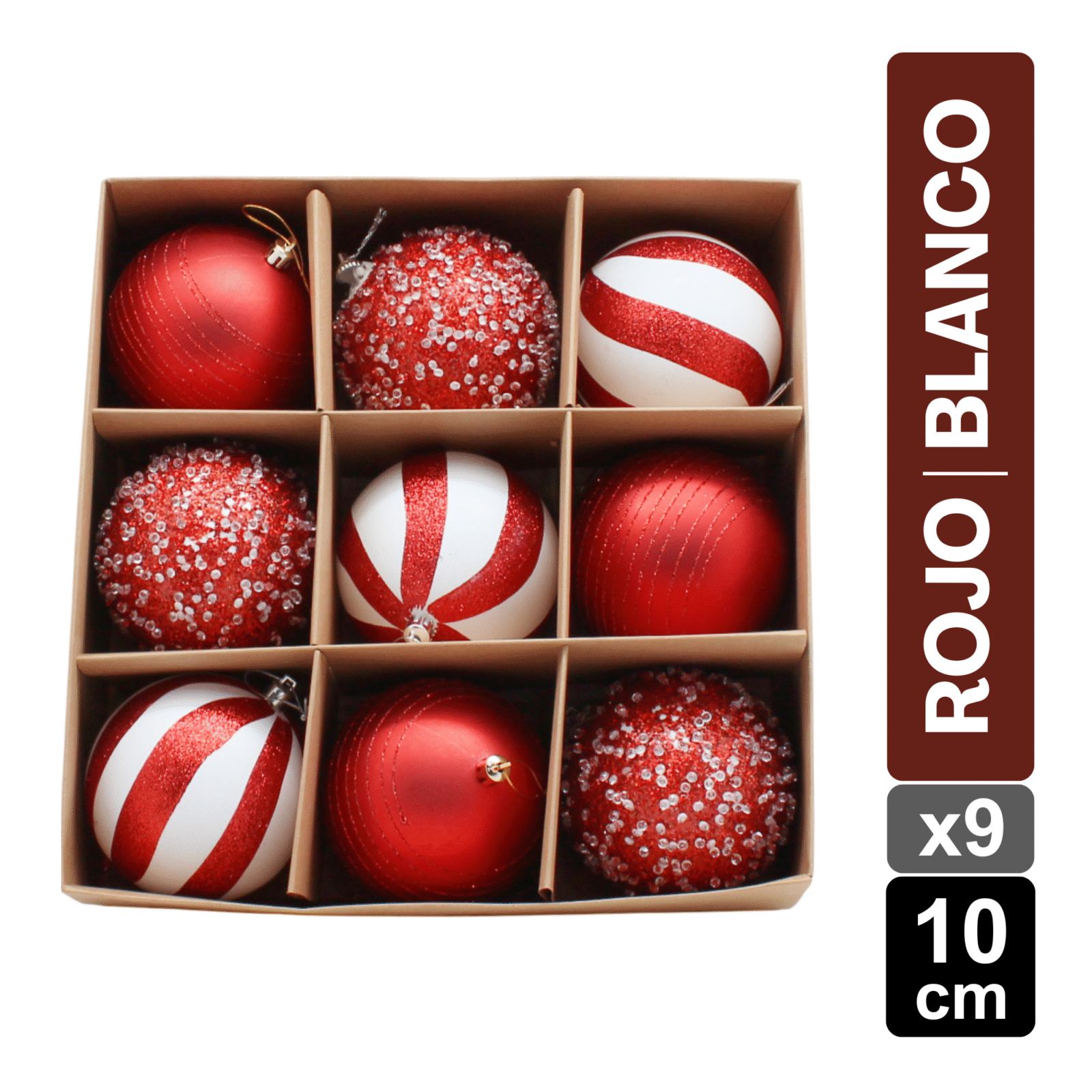 SET X 9 BOLAS NAVIDEÑAS PINTADAS 10CM ROJO/BLANCO