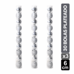 TUBOS BOLAS NAVIDEÑAS X30 PLATEADO BRILLANTE/ESCARCHADO 6 CM