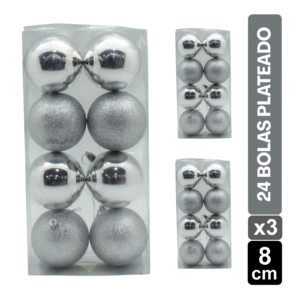 SET BOLAS NAVIDEÑAS X24 PLATEADO BRILLANTE/ESCARCHADO 8 CM