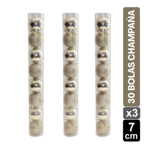 TUBOS BOLAS NAVIDEÑAS X 30 CHAMPAÑA BRILLANTE/ESCARCHADO 7 CM
