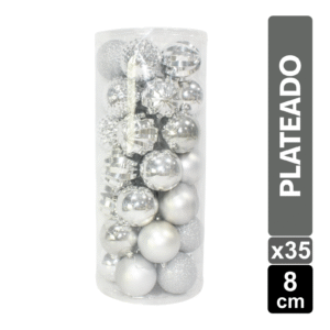 SET X 35 BOLAS NAVIDEÑAS SURTIDAS PLATEADAS 8CM