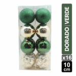 SET X 16 BOLAS NAVIDEÑAS SURTIDO DORADO/VERDE 10CM