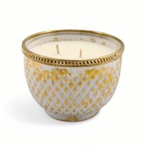 VELA EN VASIJA DE CRISTAL DECORADA BLANCA/DORADA 11X8CM CON AROMA VAINILLA