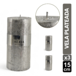 SET X3 VELAS PLATEADA CON ADORNO PLATEADO 15CM