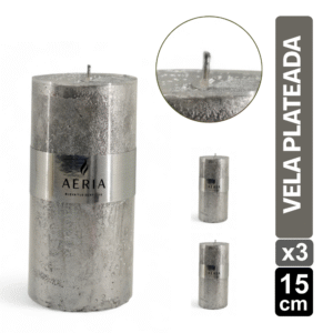 SET X3 VELAS PLATEADA CON ADORNO PLATEADO 15CM
