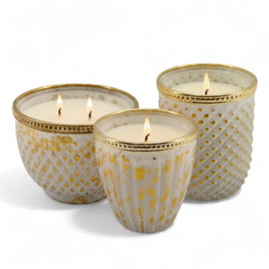 SET VELAS EN VASIJA DE CRISTAL BLANCA/DORADA VAINILLA/BERRY