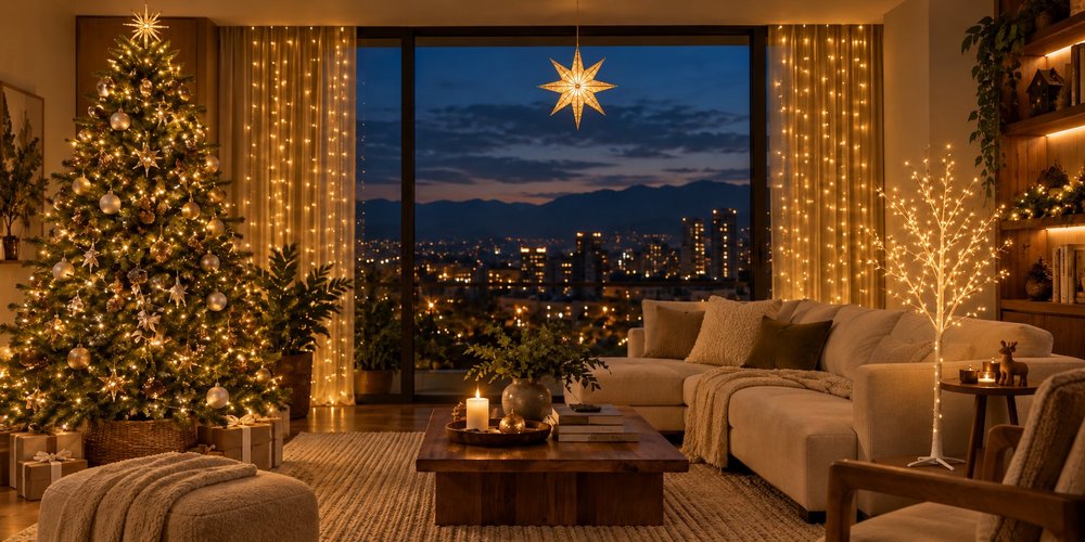 Ambiente navideño ilustrativo con luces cálidas
