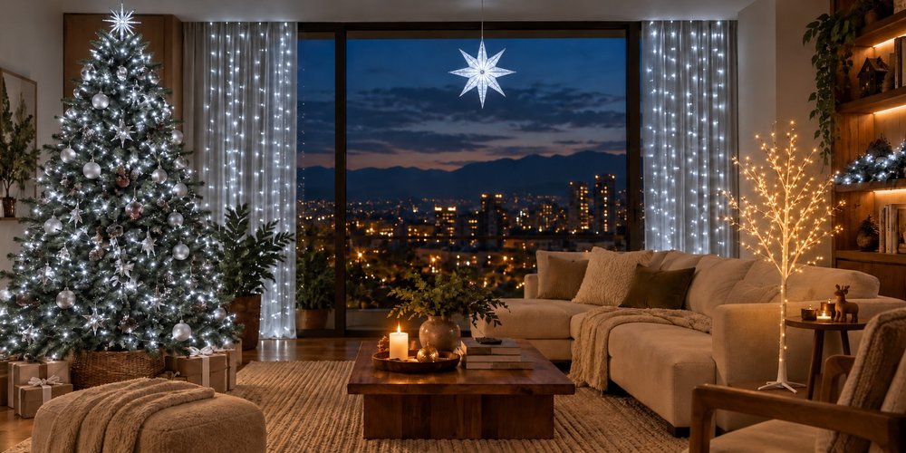 Ambiente navideño ilustrativo con luces frías