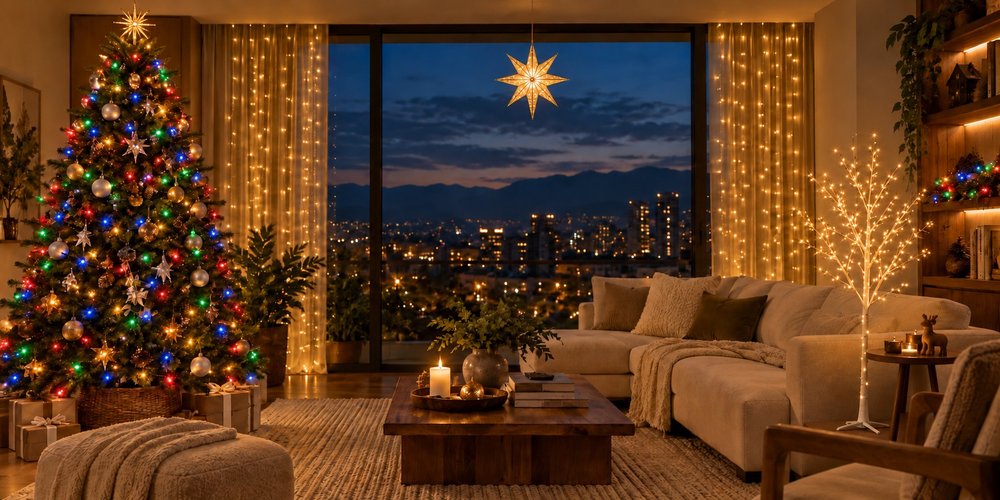 Ambiente navideño ilustrativo con luces multicolor