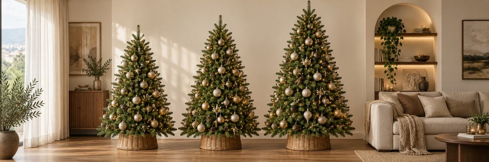 Ambiente navideño ilustrativo con tres árboles de distintas alturas junto a un sofá
