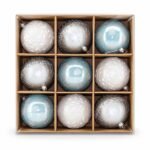 SET X 9 BOLAS PINTADAS 10CM PLATA/AZUL/BLANCA