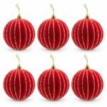PACK X6 BOLA ROJA VELVET LINEAS VERTICALES ESCARCHADAS 10cm
