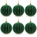 PACK X6 BOLA VERDE VELVET LINEAS VERTICALES ESCARCHADAS 10cm