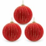 PACK X3 BOLA ROJA VELVET LINEAS VERTICALES ESCARCHADAS 15cm