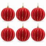 PACK X6 BOLA ROJA VELVET EN CASCOS LINEAS ESCARCHADAS 10cm
