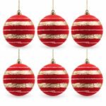 PACK X6 BOLA ROJA VELVET 2 LINEAS ANCHAS HORIZONTALES ESCARCHADAS 10cm