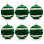 PACK X6 BOLA VERDE VELVET 2 LINEAS ANCHAS HORIZONTALES ESCARCHADAS 10cm