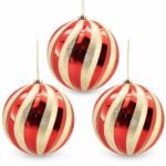 PACK X3 BOLA ROJA BRILLANTE FRANJAS ESCARCHADAS VERDE/DORADA 20cm