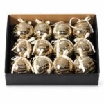 SET X 12 BOLAS CHAMPAÑA Y PLATEADAS CON LINEAS DORADAS Y MOÑO 8cm