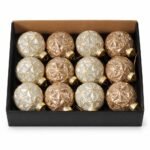 SET X 12 BOLAS CHAMPAÑA Y PLATEADA CON DECORACION LINEAS DORADAS 8cm