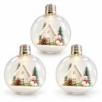 PACK X3 BOLA TRANSPARENTE CON LUZ Y DECORACION CASITA Y MUÑECO DE NIEVE 10cm