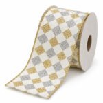 CINTA BLANCA ROMBOS DORADOS Y PLATEADOS 6.3CMX10YD
