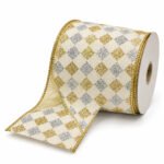 CINTA BLANCA ROMBOS DORADOS Y PLATEADOS 10CMX10YD