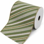 CINTA VERDE LINEAS DIAGONALES BLANCAS/DORADAS 15CMX10YD