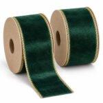 PACK X2 CINTA GAMUZADA VERDE ESMERALDA BORDE BRILLANTE DOR 3.8CMX10YD