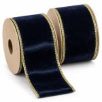 PACK X2 CINTA TERCIOPELO AZUL BORDE DORADO 6,3cm x 10yd