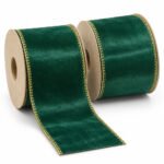 PACK X2 CINTA TERCIOPELO VERDE BORDE DORADO 6,3cm x 10yd